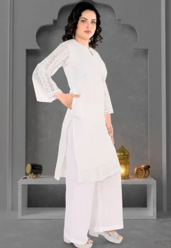 Schiffli Cotton Straight Kurta Set in Off White