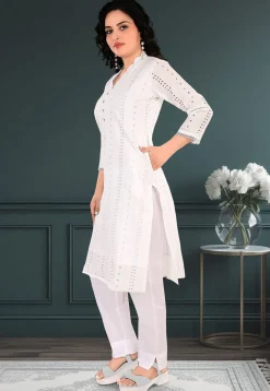 Schiffli Cotton Straight Kurta Set in Off White