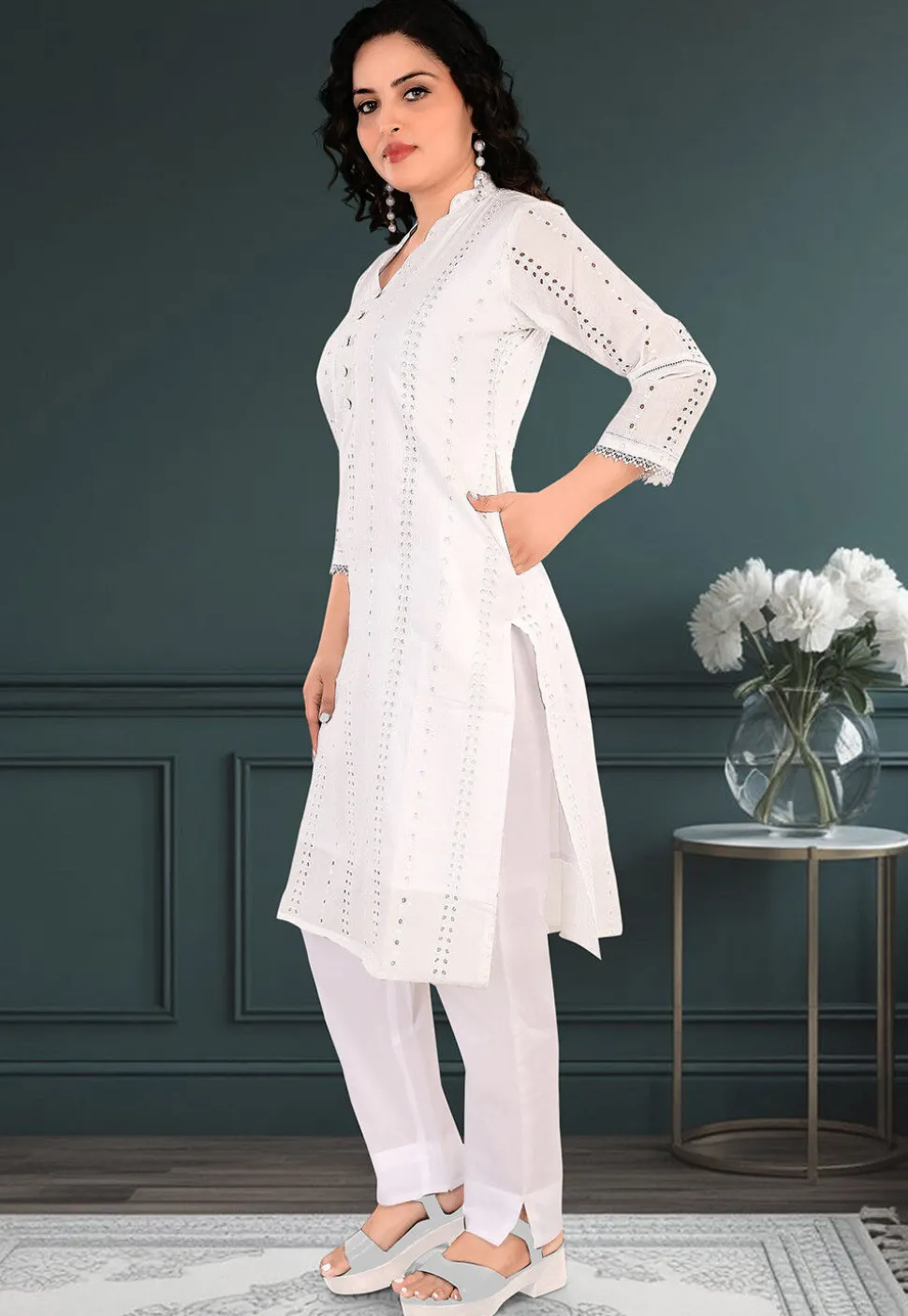 Schiffli Cotton Straight Kurta Set in Off White