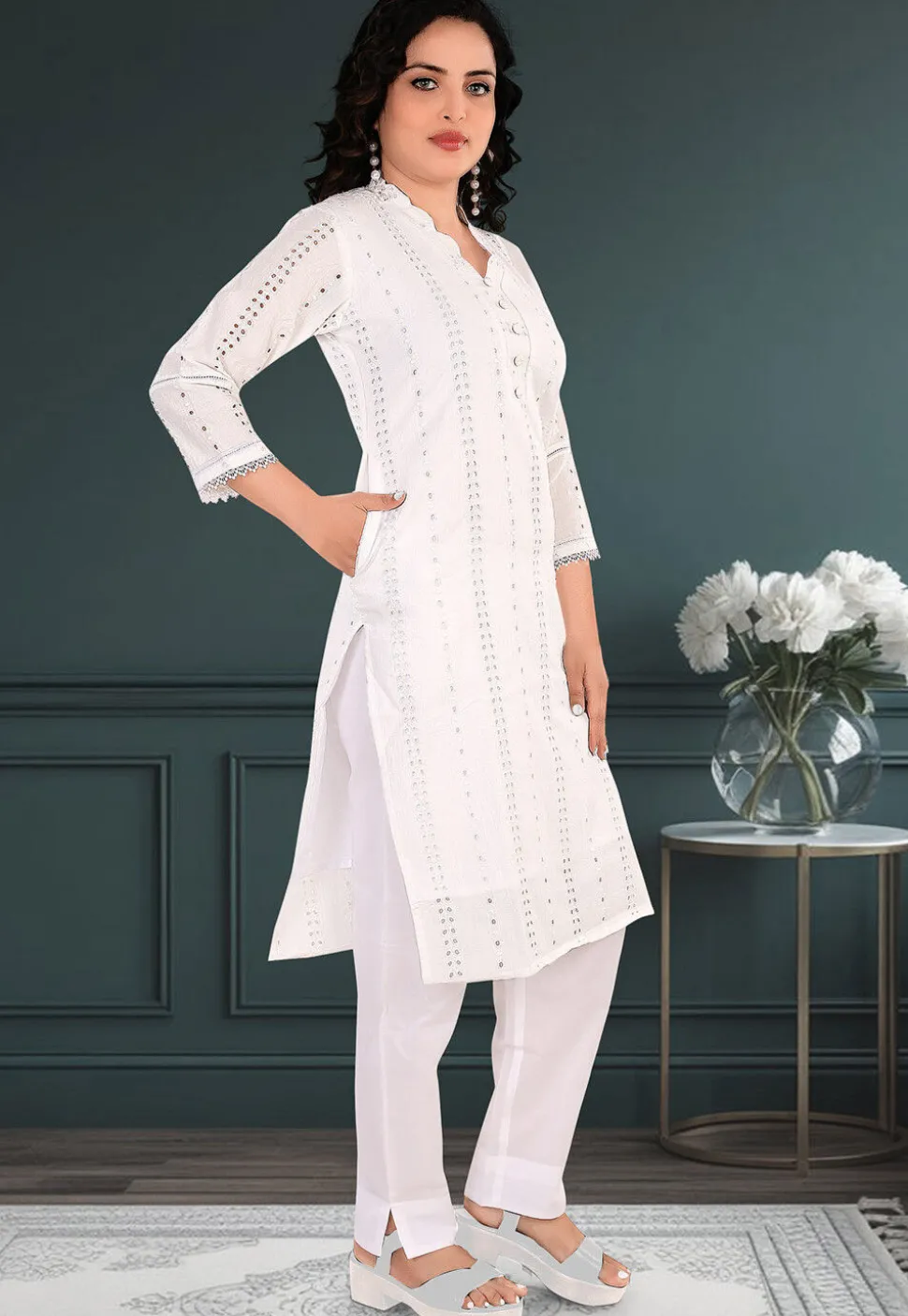 Schiffli Cotton Straight Kurta Set in Off White
