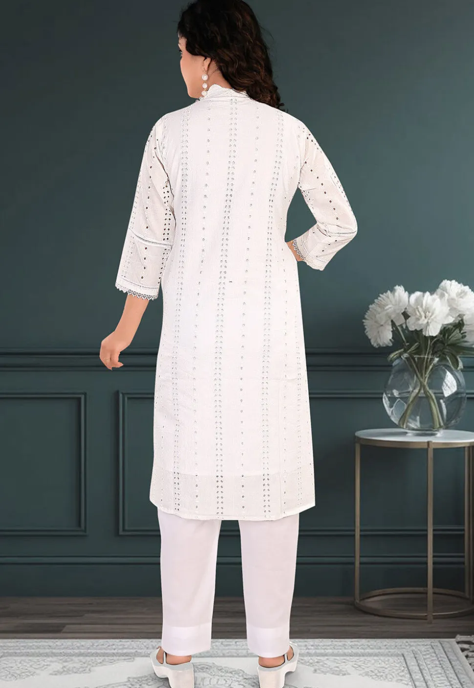 Schiffli Cotton Straight Kurta Set in Off White