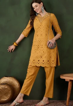 Schiffli Embroidered Cotton Scalloped Straight Kurta Set in Mustard