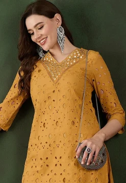 Schiffli Embroidered Cotton Scalloped Straight Kurta Set in Mustard