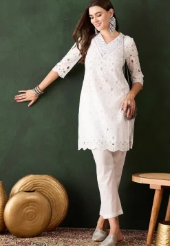 Schiffli Embroidered Cotton Scalloped Straight Kurta Set in Off White