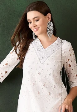 Schiffli Embroidered Cotton Scalloped Straight Kurta Set in Off White