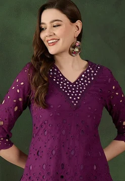 Schiffli Embroidered Cotton Scalloped Straight Kurta Set in Wine