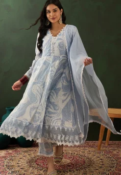 Schiffli Embroidered Cotton Blend Anarkali Suit in Light Blue