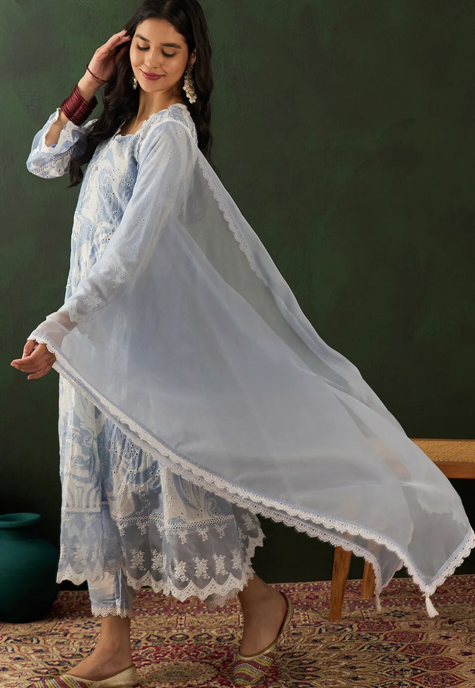 Schiffli Embroidered Cotton Blend Anarkali Suit in Light Blue