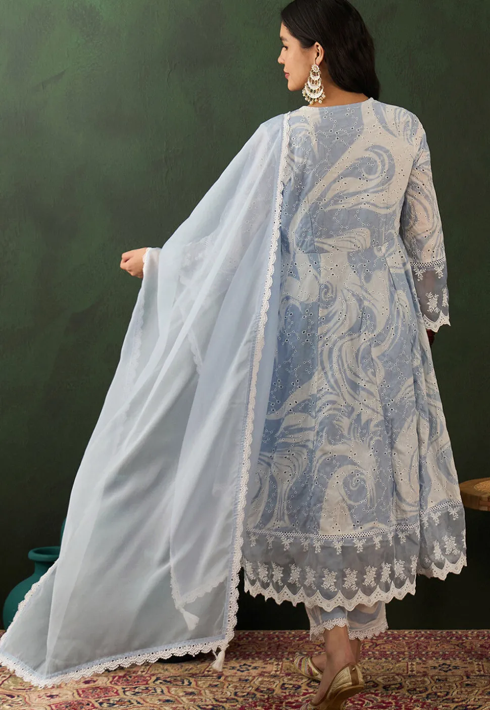Schiffli Embroidered Cotton Blend Anarkali Suit in Light Blue