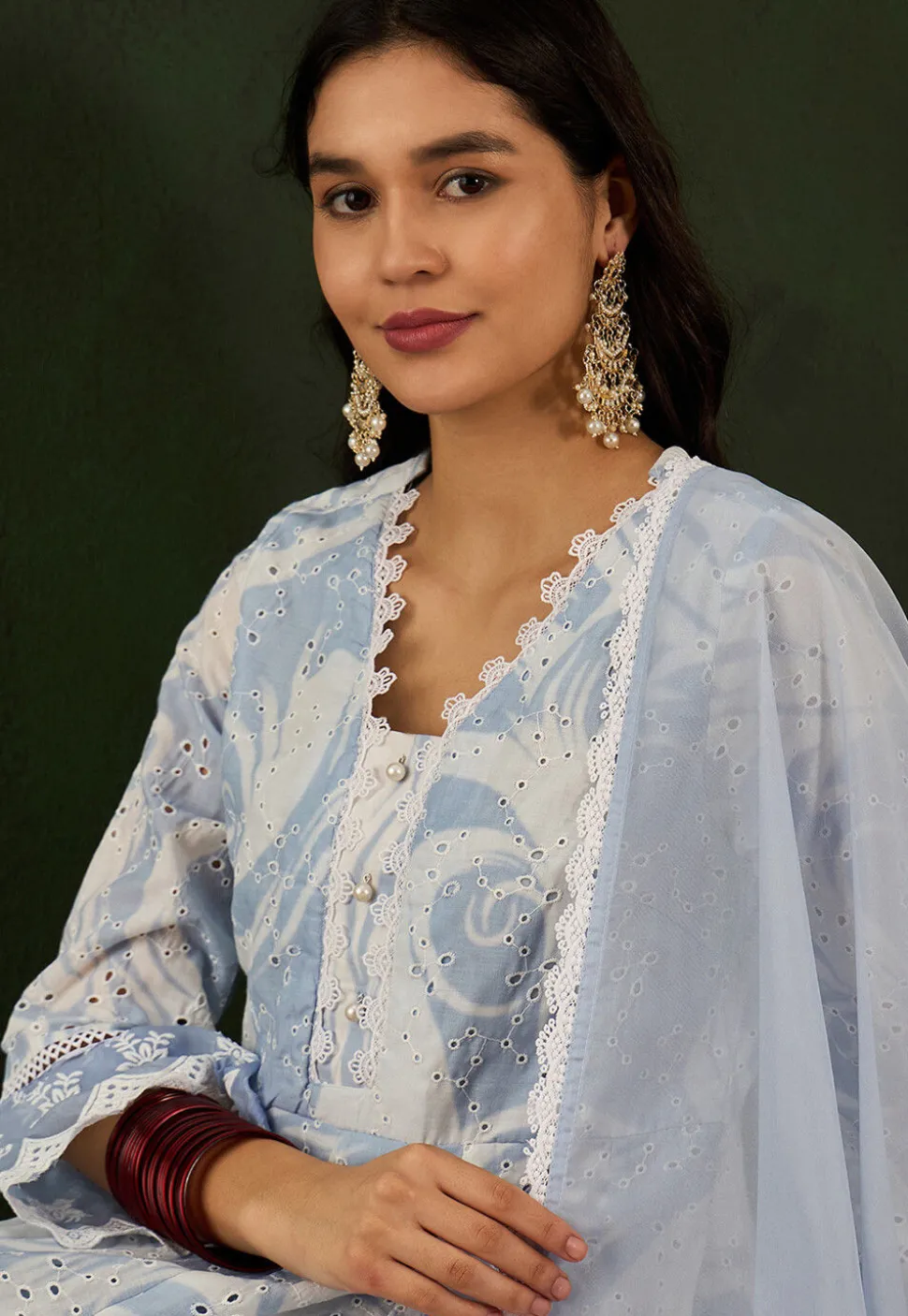 Schiffli Embroidered Cotton Blend Anarkali Suit in Light Blue