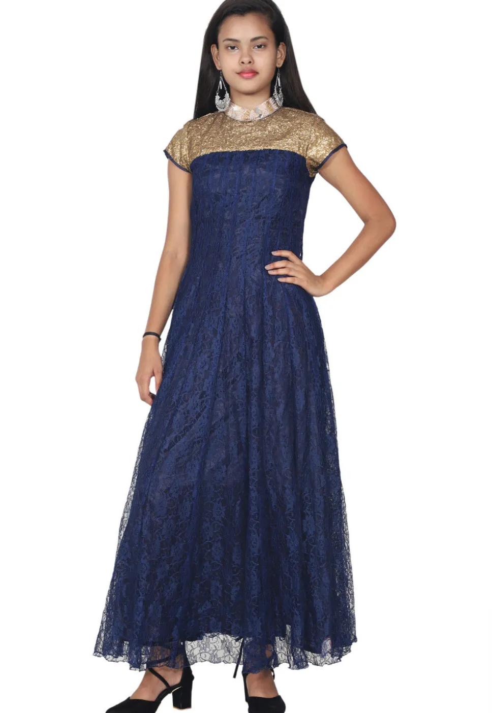 Sequinced Chantelle Net Anarkali Kurta in Navy Blue