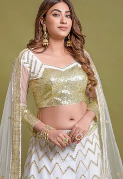 Sequined Net Lehenga in White