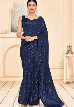 Sequinned Art Silk Saree in Navy Blue