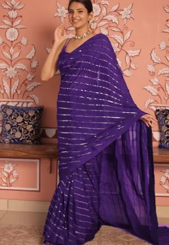 Sequinned Chinon Chiffon Saree in Purple