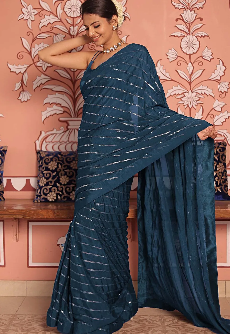 Sequinned Chinon Chiffon Saree in Teal Blue