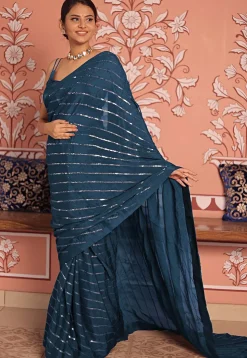 Sequinned Chinon Chiffon Saree in Teal Blue