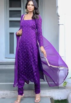 Sequinned Chinon Crepe Straight Suit in Purple