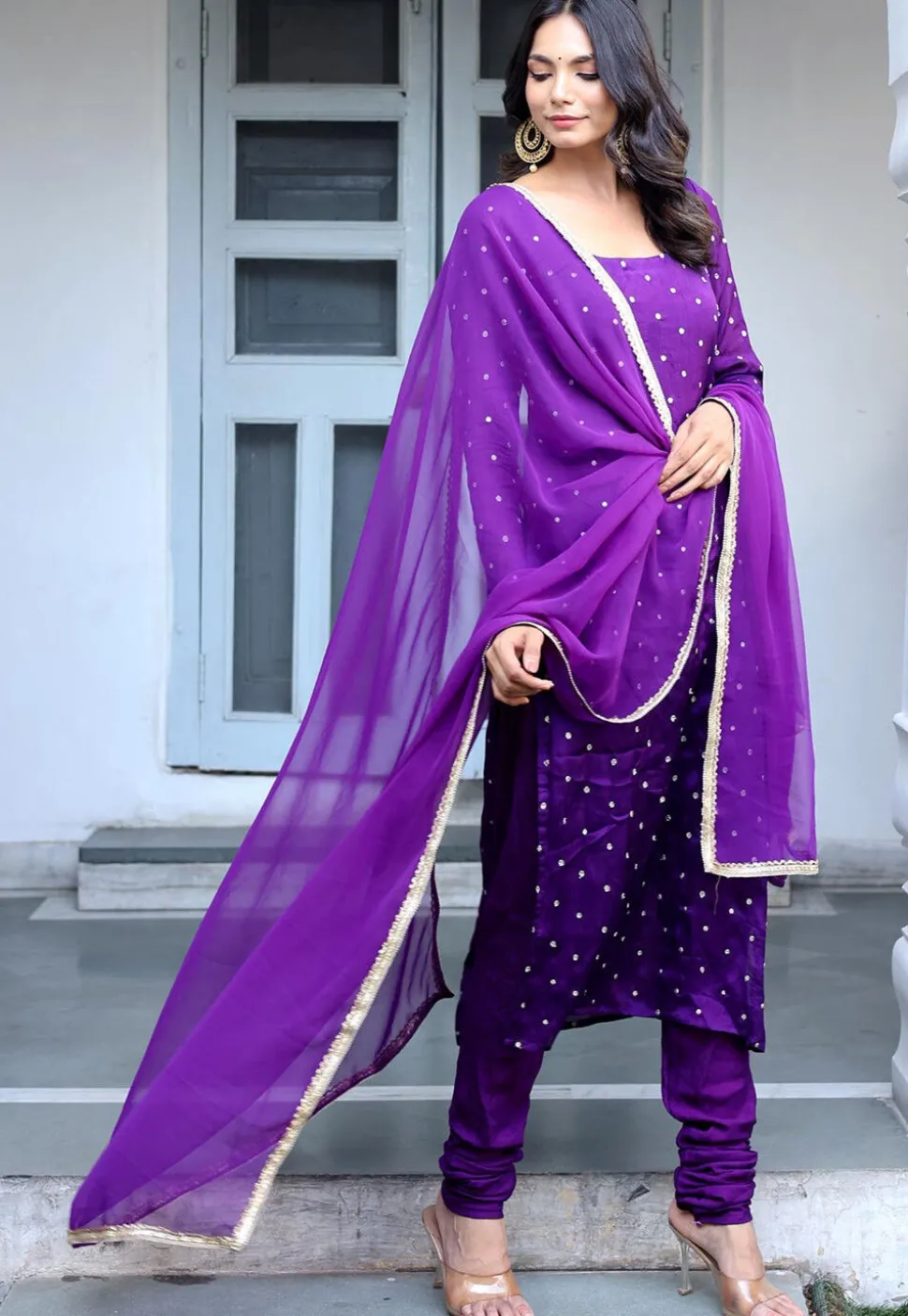 Sequinned Chinon Crepe Straight Suit in Purple