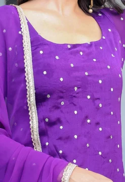 Sequinned Chinon Crepe Straight Suit in Purple
