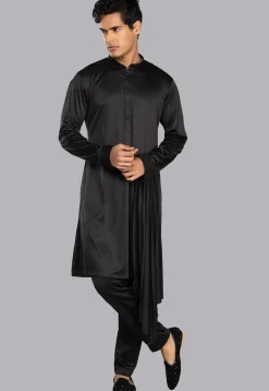 Sequinned Cotton Silk Kurta Set in Black