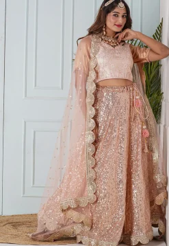 Sequinned Georgette Lehenga in Peach