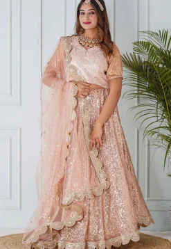 Sequinned Georgette Lehenga in Peach