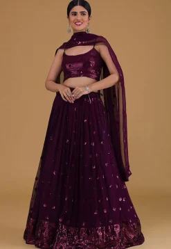 Sequinned Georgette Lehenga in Wine