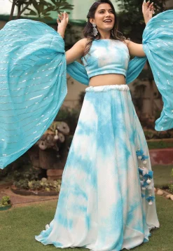 Sequinned Georgette Marble Dyed Lehenga in Blue and White