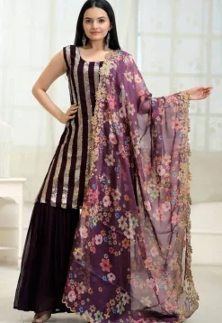 Sequinned Georgette Pakistani Suit in Wine