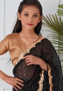 Sequinned Georgette Pre-stitched Saree in Black