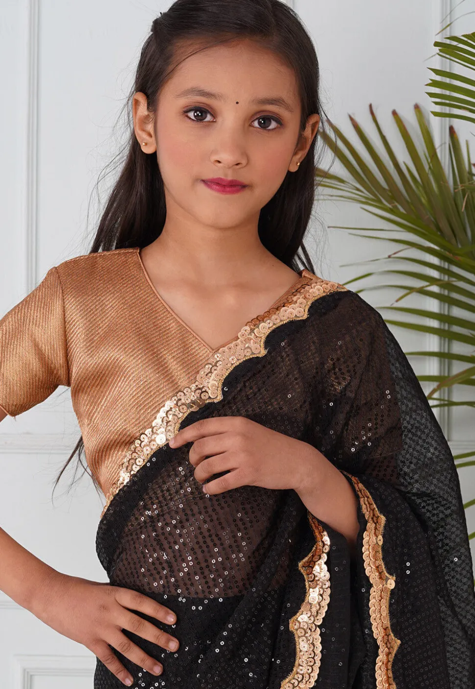 Sequinned Georgette Pre-stitched Saree in Black