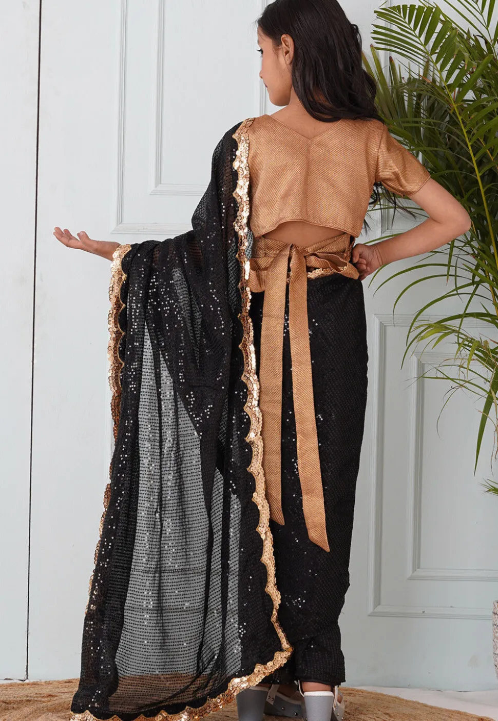 Sequinned Georgette Pre-stitched Saree in Black