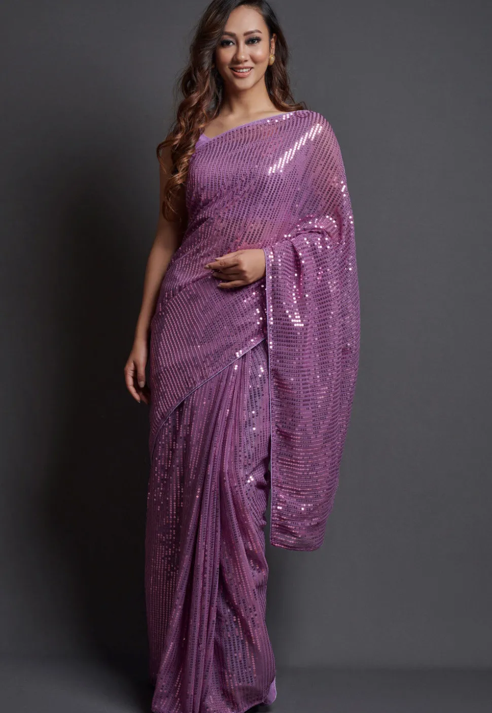 Sequinned Georgette Saree in Light Purple