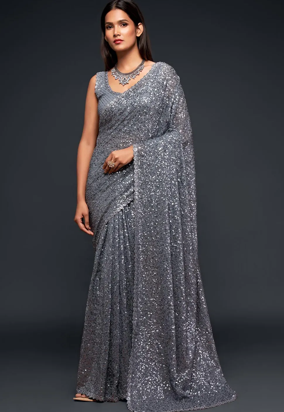 Sequinned Georgette Saree in Grey