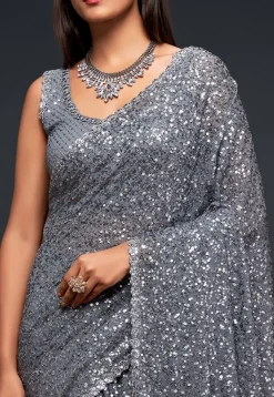 Sequinned Georgette Saree in Grey