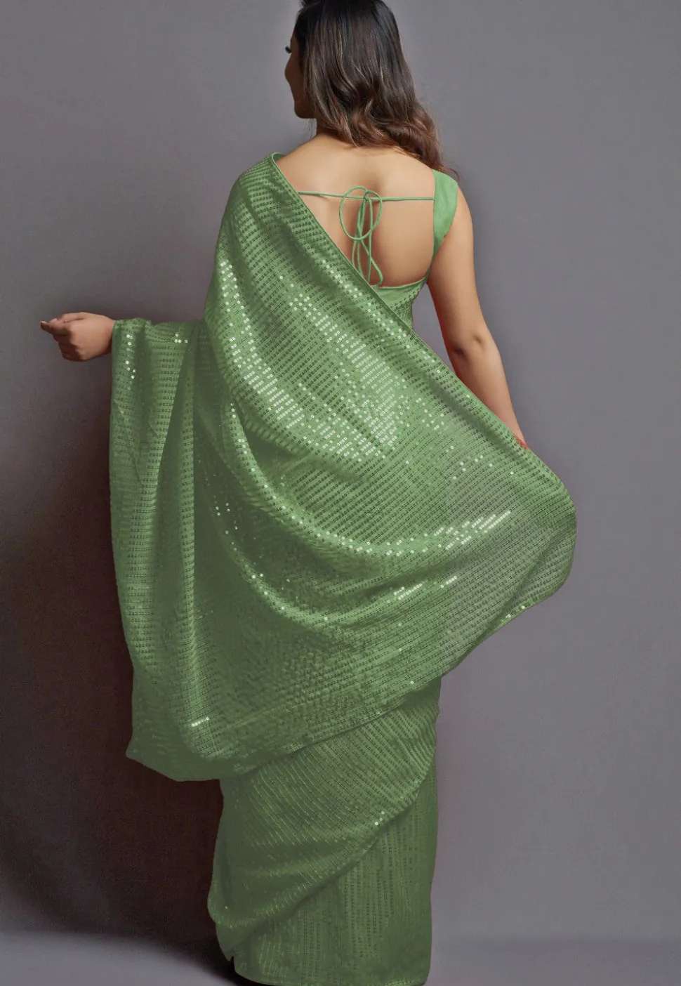 Sequinned Georgette Saree in Light Olive Green
