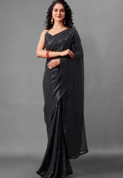 Sequinned Georgette Saree in Black