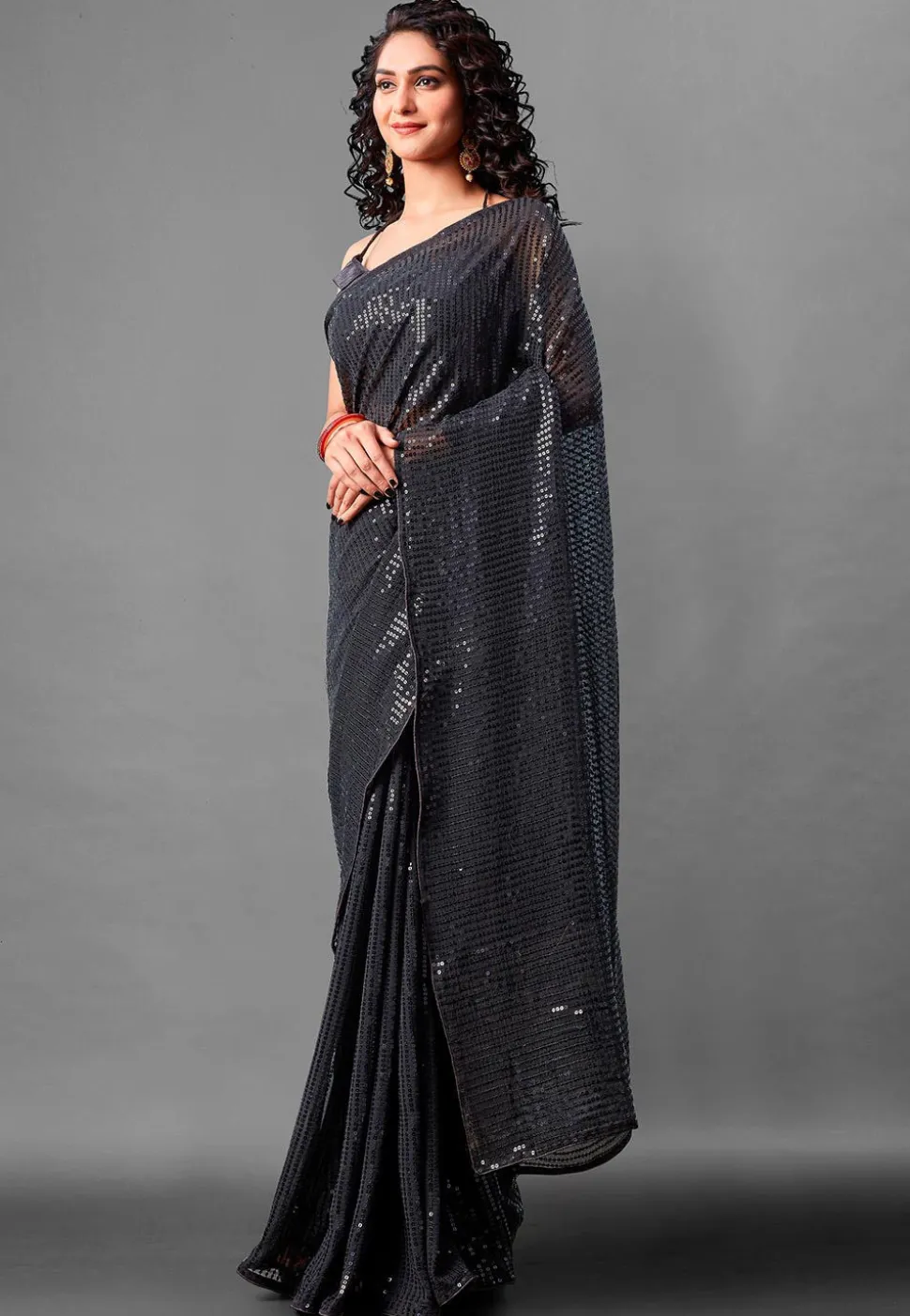 Sequinned Georgette Saree in Black