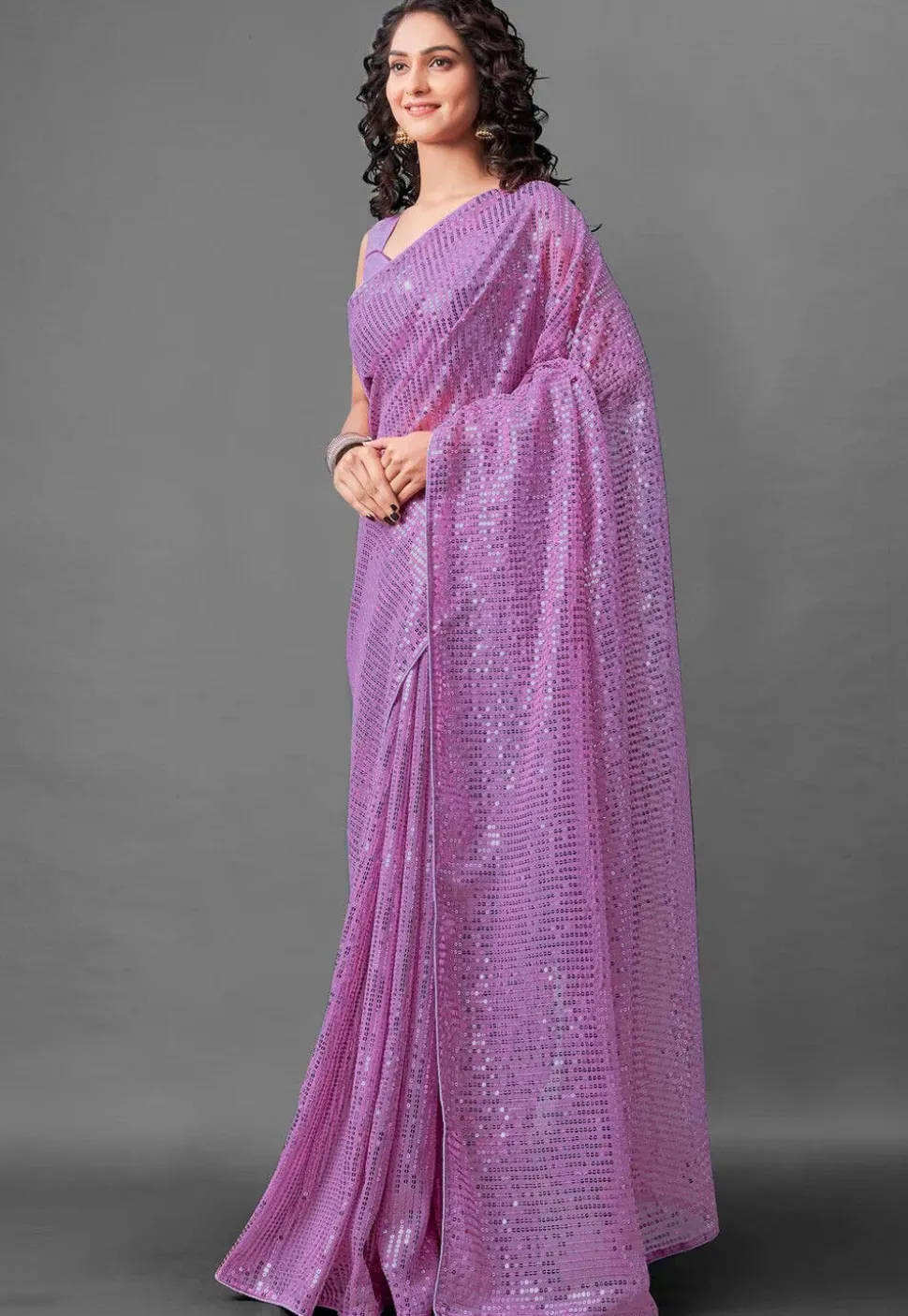 Sequinned Georgette Saree in Lilac