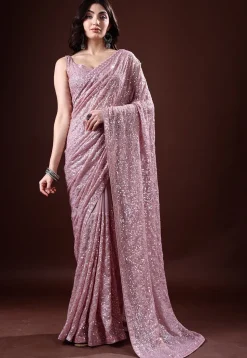 Sequinned Georgette Saree in Dusty Pink
