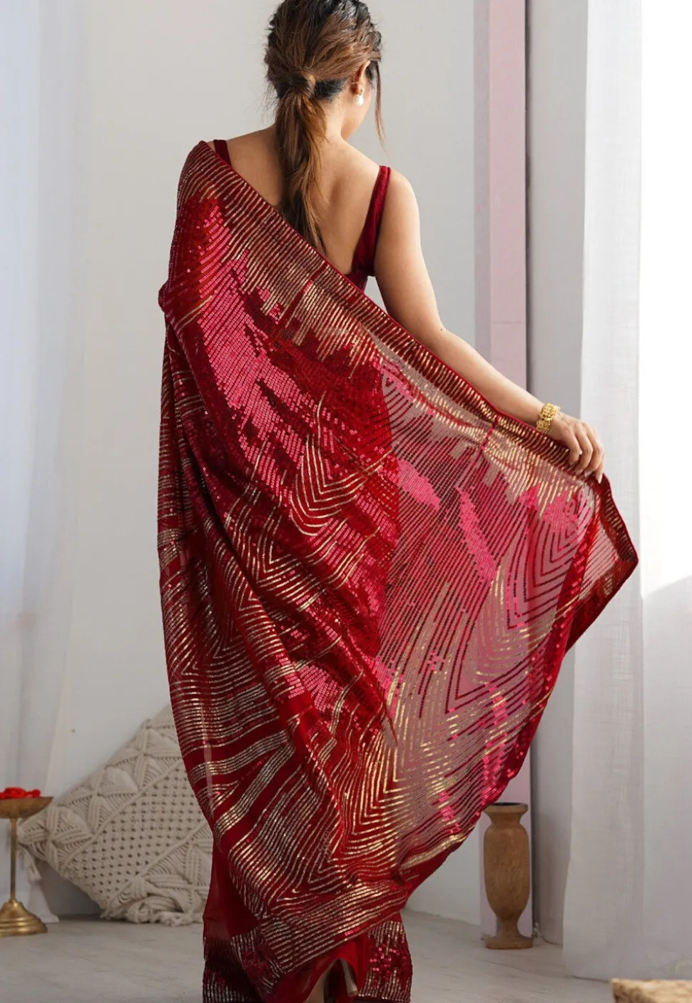 Sequinned Georgette Saree in Red
