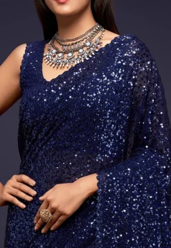 Sequinned Georgette Saree in Navy Blue