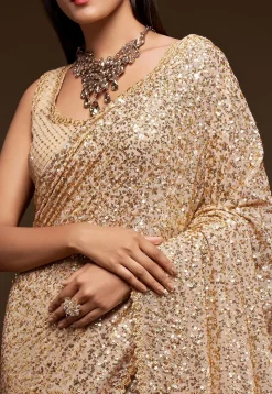 Sequinned Georgette Saree in Beige