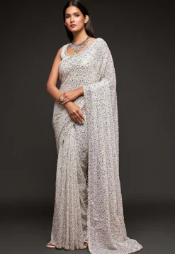 Sequinned Georgette Saree in Off White