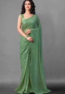 Sequinned Georgette Saree in Light Green