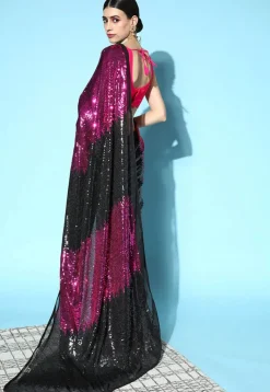 Sequinned Georgette Saree in Black and Pink
