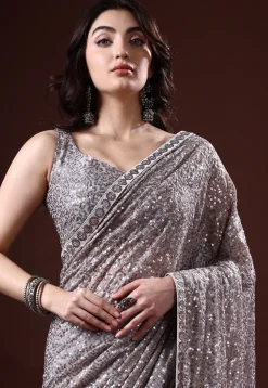 Sequinned Georgette Saree in Grey