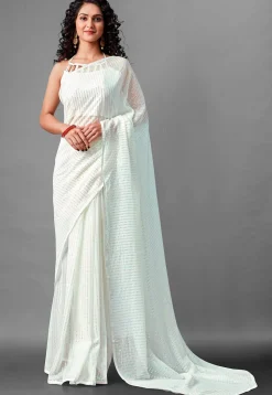 Sequinned Georgette Saree in Off White