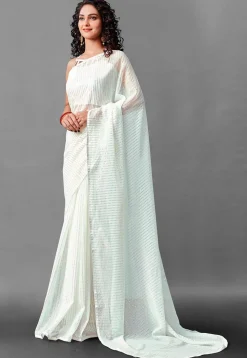 Sequinned Georgette Saree in Off White
