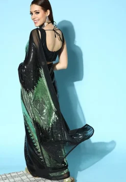 Sequinned Georgette Saree in Black and Light Green